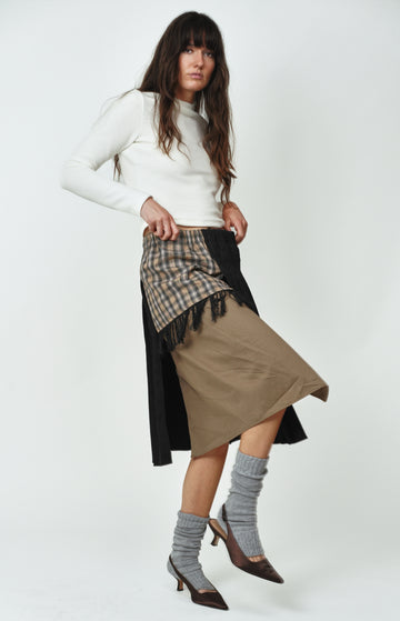 Beige Black And Checked Pleated Cotton Midi Skirt