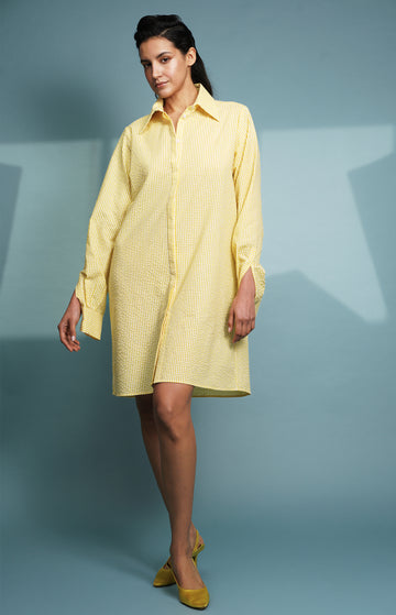 Yellow White Cotton Seersucker Shirtdress