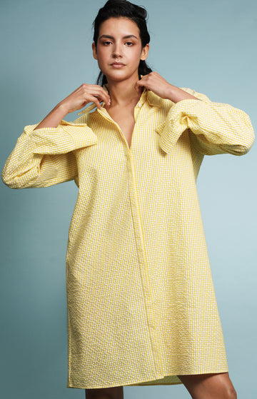 Yellow White Cotton Seersucker Shirtdress