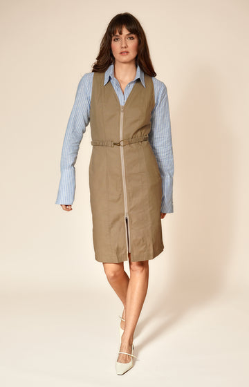 Beige Belted Cotton Sleeveless Dress