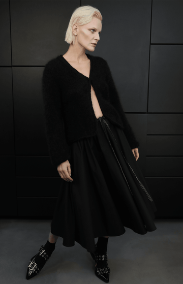 Black Cotton Poplin Skirt With Embroidered Belt
