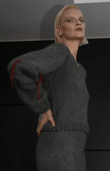 Grey V-neck Knit Jumper With Sleeve Detail
