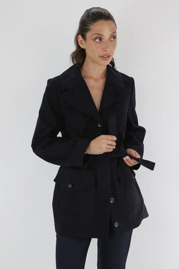 Blue Cotton Single-Breasted Peacoat with Belt