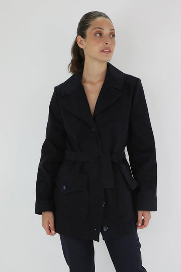 Blue Cotton Single-Breasted Peacoat with Belt