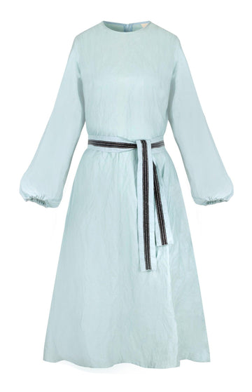 Celeste Blue Cotton Belted Long Sleeve Dress