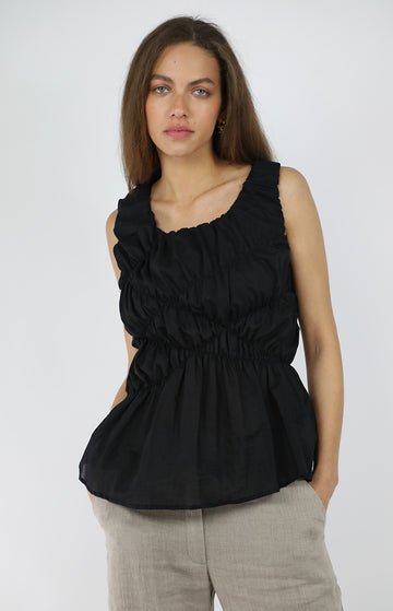 Black Cotton Ruched Tank Top