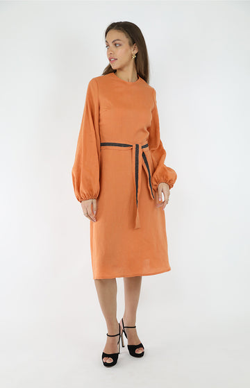 Orange Cotton Belted Long Sleeve Dress