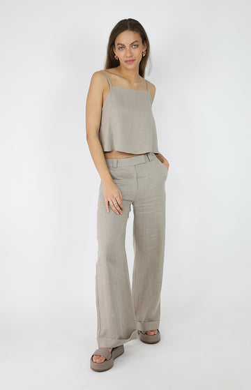 Stone Mid Rise Linen Trousers