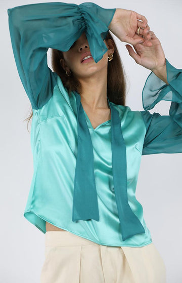 Jade Silk Blouse with Sheer Sleeves