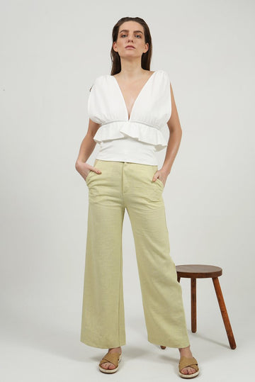 Yellow/Beige Striped Linen High Rise Trousers